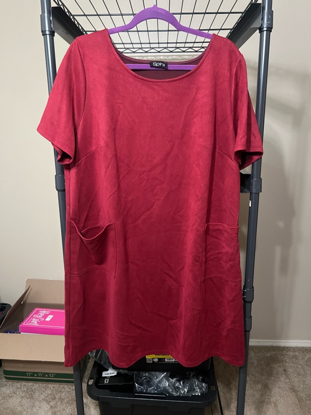 Spin Short-Sleeve Midi Dress in Wine Red with Front Pockets